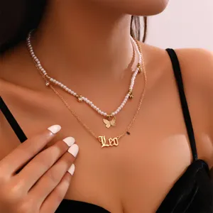 Sternzeichen Leo Doppelschicht Halskette Set mit Perlen Schmetterling Anhänger Schmuck.