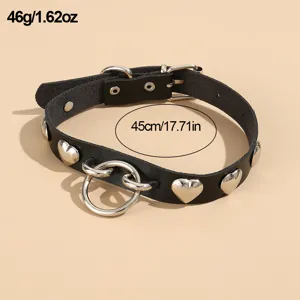 Punk schwarze Leder Choker Halskette mit Metall Herz Nieten und O-Ring fur Damen Party Stil.