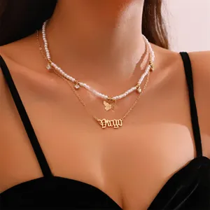 Doppelter Halsketten Set mit Perlenkette, Schmetterlingsanhänger und Virgo Buchstaben Anhänger Damen.