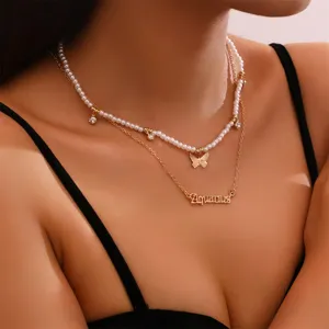 Modisches mehrlagiges Perlenketten-Set mit Schmetterlings-Anhänger und Sternzeichen-Kette.