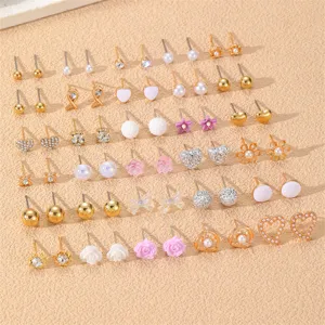 Set 30 paia orecchini a lobo misti, perla strass cuore fiore gioielli moda donna trendy
