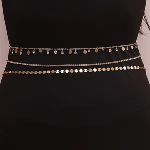 Minimalist Gold Color Metal Multi Layer Waist Chain Set Shiny Rhinestone Round Disc Sequin Pendant Body Chain Belly Link Belt For Women Party Dress Accessory