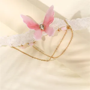 Rosa Schmetterling Spitze Choker Halskette Detail mit Kristall Strass und zarten Goldketten.