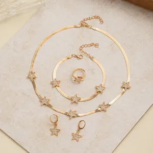Goldfarben Strass Stern Fischgrätenkette Schmuckset Halskette Armband Ohrringe Detail.