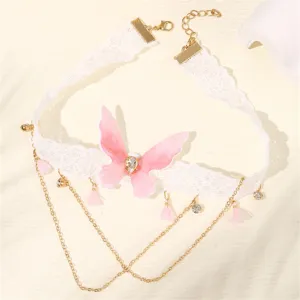 Weisse spitze choker halskette armkette mit rosa schmetterling anhanger quasten.