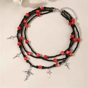 Gotische mehrschichtige Perlen Kette mit Kreuz Rosen und Stern Anhänger Damen dunkler Stil