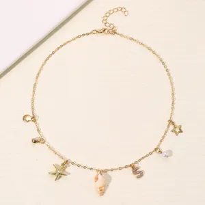 Goldene Kette Muschel Seestern Perle Buchstabe Anhänger Halskette böhmischer Strandschmuck