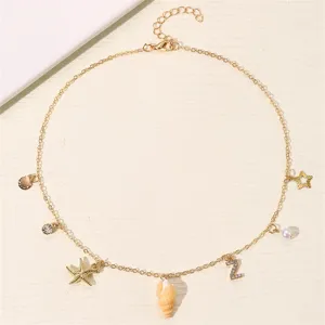 Goldene Strand Halskette mit Muschel Stern Perle und Buchstabe Anhänger Boho Damen Schmuck