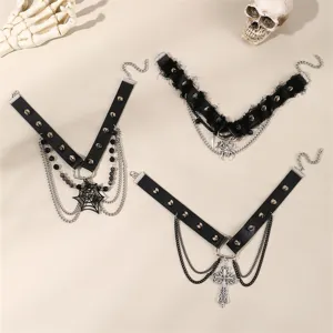 Gotische Punk Halsband Halskette Set mit Leder, Spitze, Ketten und Anhänger für Frauen.