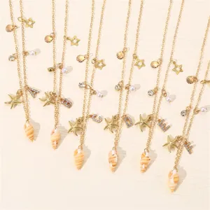 Goldfarbene mehrlagige Initialen Muschel Seestern Perle Anhänger Halsketten Boho Schmuck