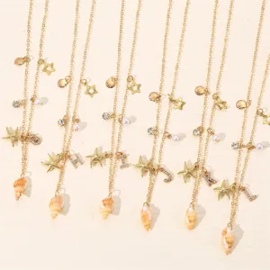 Böhmische Ozean Muschel Seestern Perle Buchstabe Halskette, goldene Strand Damenschmuck.