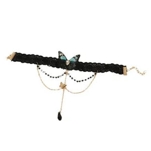 Gotische schwarze spitzen choker halskette mit blauem schmetterling und ketten für damen