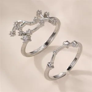 Silbernes Sternzeichen Ringe Set, verstellbare offene Ringe mit funkelndem Zirkonia Stein.