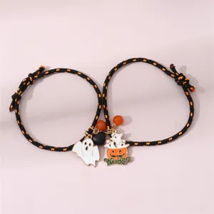 Bracelet de couple tressé citrouille fantôme Halloween avec de charmants cœurs aimantés
