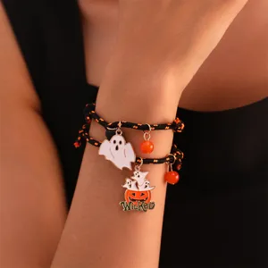 Bracelet de Couple Cœur Magnétique Fantôme Citrouille d'Halloween Bracelet en Corde Tressée à la Main Réglable pour Bijoux de Fête Homme Femme
