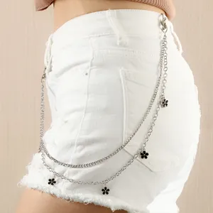 Catena da Vita in Metallo a Doppio Strato Punk Hip Hop Con Pendente a Fiore Nero Unisex Streetwear Jeans Gioielli