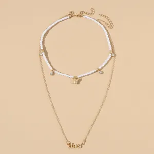 Doppellagige Perlen Schmetterling Halskette mit Sternzeichen Widder Anhänger Modeschmuck Damen