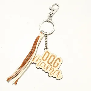 Schicker Holz Hunde Mama Schlüsselanhänger mit Lederquaste für Schlüssel und Taschen