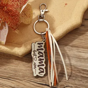 Stilvoller hölzerner Mama Schlüsselanhänger mit bunter Quaste Metallverschluss Taschenanhänger