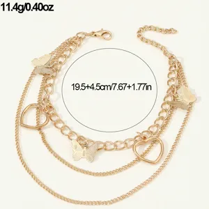 Multi-layer gold butterfly heart anklet chain stylish metal foot jewelry for women