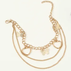 Multi-layer gold chain anklet with butterfly and hollow heart charms for women summer fashion