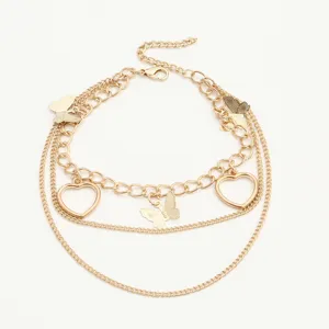 Gold multi-layer anklet featuring cute butterfly and heart charms for women summer beach party.