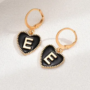 Französische Herz Buchstabe E Ohrringe elegante vergoldete schwarze Emaille Creolen Schmuck