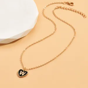 Goldfarbene Kette mit schwarzem Herz-Anhänger Buchstabe W, minimalistischer Halsschmuck Damen.
