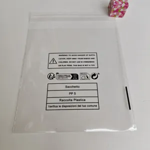 Clear plastic self-adhesive packaging bag OPP bag with safety warning and recycling labels