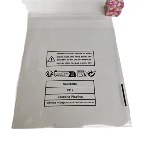 Clear self-adhesive plastic packaging bag with warning text and recycling symbols.