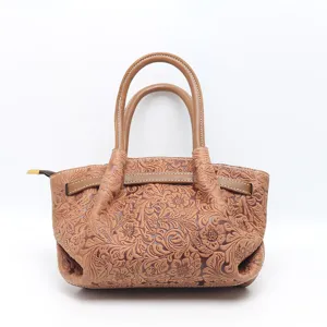 Genuine leather carved floral women handbag retro casual brown dumpling shoulder tote bag