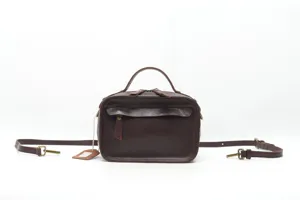 Dark brown genuine leather boston shoulder bag with top handle and adjustable strap