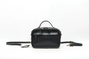 Black genuine leather boston bag, women fashion crossbody handbag with top handle and strap.