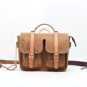 European Retro Genuine Leather Women Shoulder Bag Vintage Embossed Messenger Bag Casual Top Handle Crossbody Satchel Bag