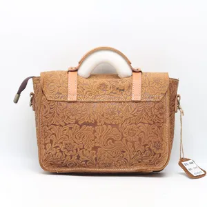 Vintage embossed leather messenger bag for women, stylish top handle satchel bag.