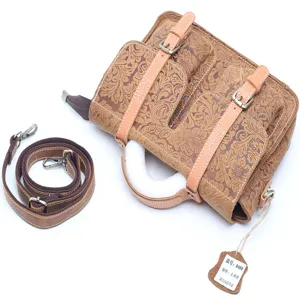 Vintage Genuine Leather Shoulder Bag Retro Floral Embossed Messenger Bag Crossbody
