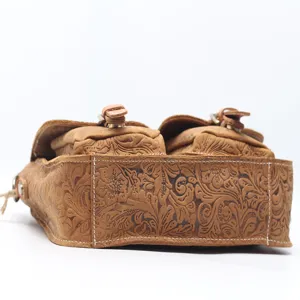 Vintage tooled leather crossbody messenger bag for women, genuine leather retro shoulder bag.