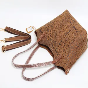 Vintage embossed genuine leather tote bag top layer cowhide shoulder handbag for women