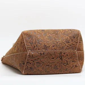 Vintage embossed leather tote bag for women, classic brown top layer cowhide handbag main.