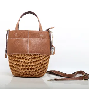 Genuine Leather Bucket Bag For Women Handbag Top Layer Cowhide Woven Shoulder Crossbody Bag Casual Vintage Tote Bag