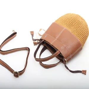Korean style handmade straw woven bucket bag top layer cowhide leather shoulder bag women