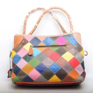 Πολύχρωμη δερμάτινη τσάντα χειρός patchwork, vintage μαλακή τσάντα shopper από γνήσιο δέρμα.