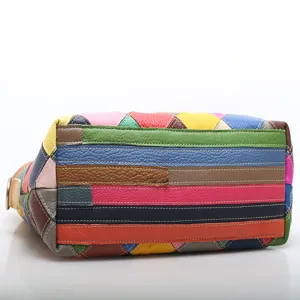Πολύχρωμη τσάντα tote από γνήσιο δέρμα patchwork, vintage μαλακή τσάντα ώμου.