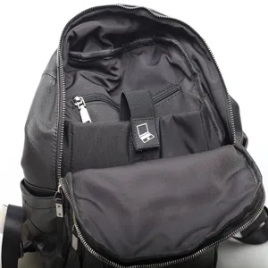 Black leather backpack for men, multi-compartment business laptop school bag main view.