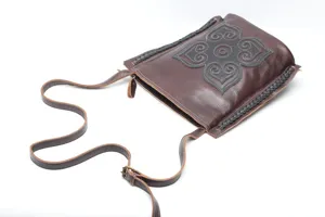 Vintage genuine leather shoulder bag for women, ethnic floral pattern crossbody bag.