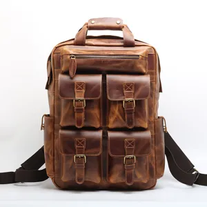 Vintage Crazy Horse Leather Backpack For Men Women Large Capacity Business Travel Casual School Laptop Bookbag