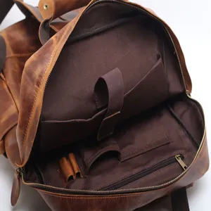 Vintage brown crazy horse leather backpack for men, large daily travel daypack bags.