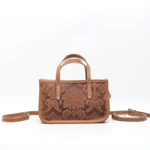 Rétro Cuir de Vachette Véritable Femmes Sac Bandoulière Vintage Gaufré Petit Sac Carré Décontracté Quotidien Sac à Main