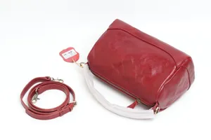 Red genuine leather Boston bag, vintage top layer cowhide handbag with detachable strap.