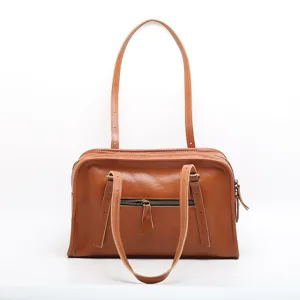 Classic brown leather shoulder bag for women, vintage vegetable tanned tote with double handles.